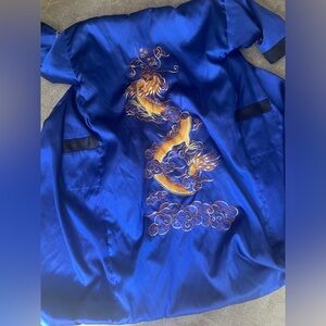 MEDIUM Handmade Embroidered DRAGON Japanese Style Satin Kimono Robe, Blue